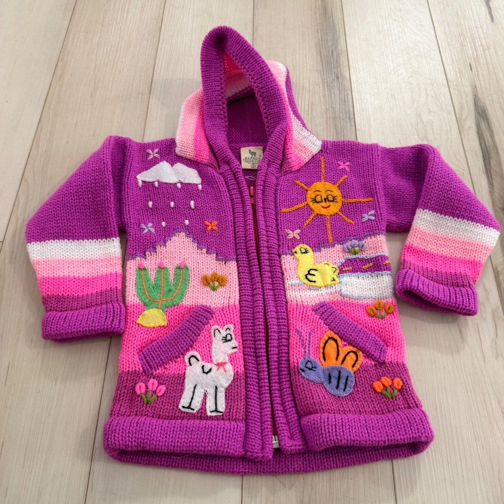 Alpaca Connection Peru Handmade Knit Hooded Zip Sweater Purple Pink Kids Size 2